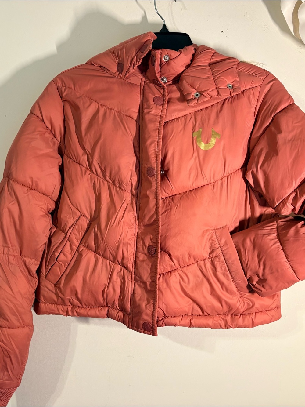 True Religion Coral Pink Puffer Jacket with Gold Logo
